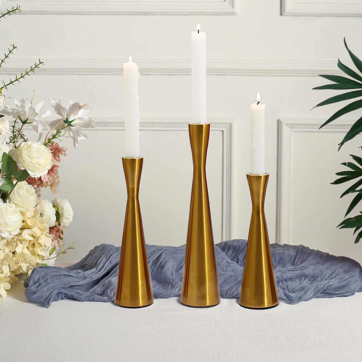 Set of 3 Hourglass Taper Candle Holders Gold Metal Nordic European Design - Tabletop Decor 8", 9", 11"