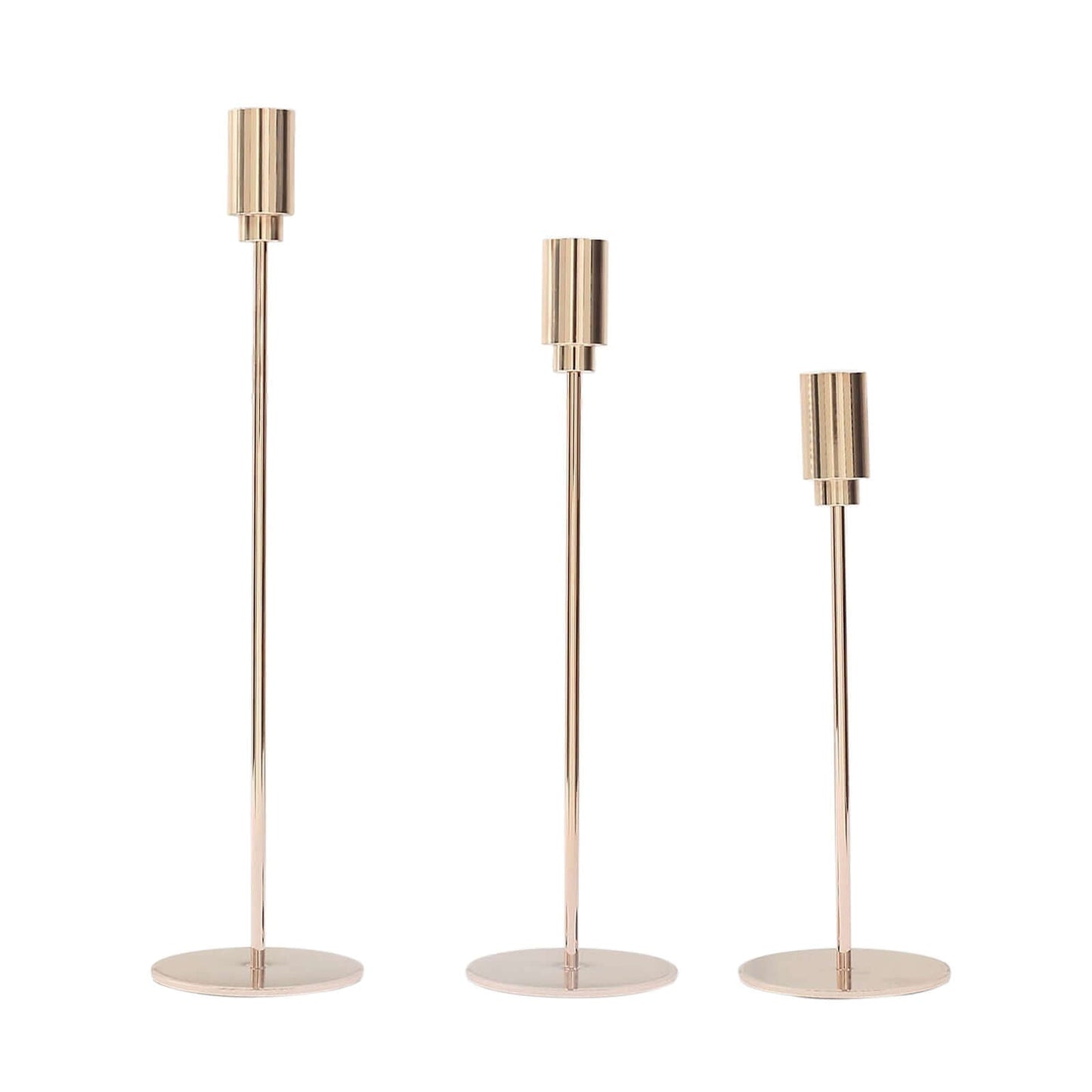 Set of 3 Taper Candle Stands Gold Metal Decorative Round Base Design - Wedding Table Accents 9", 10", 13"