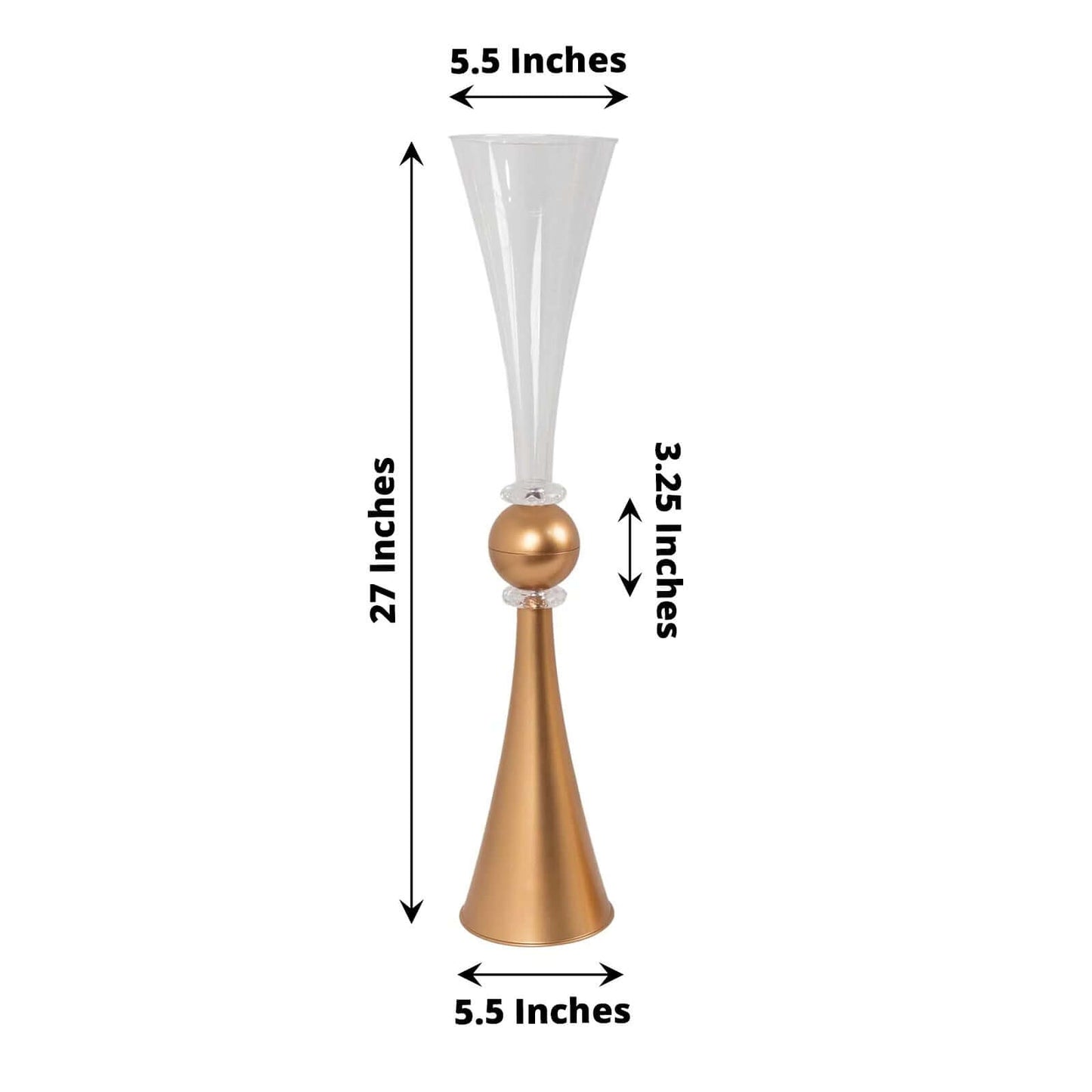 2-Pack Flower Vases Trumpet Design with Crystal Embellishments Clear and Gold - Reversible Plastic Centerpieces for Events 27"