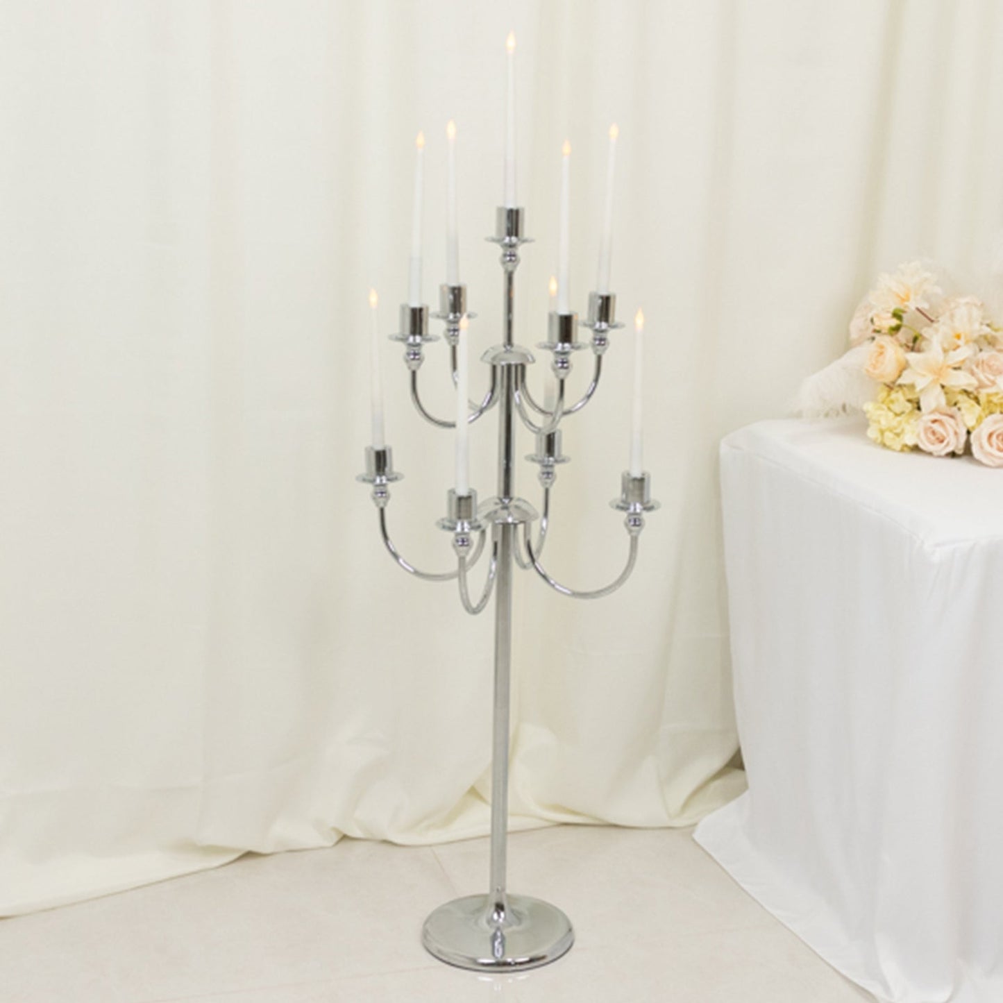 Metal Floor Candelabra Candle Holder, 9-Arm Vintage Taper Stand Silver Table Centerpiece for Weddings & Parties 46" Tall