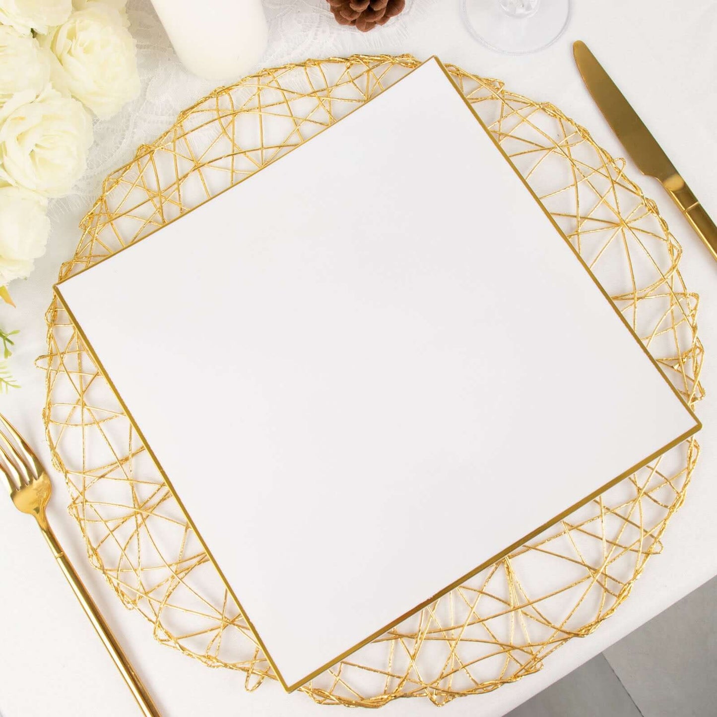 10-Pack Plastic 10" Square Dinner Plates in White Concave Style with Gold Rim - Modern Disposable Party Plates for Weddings & Special Events