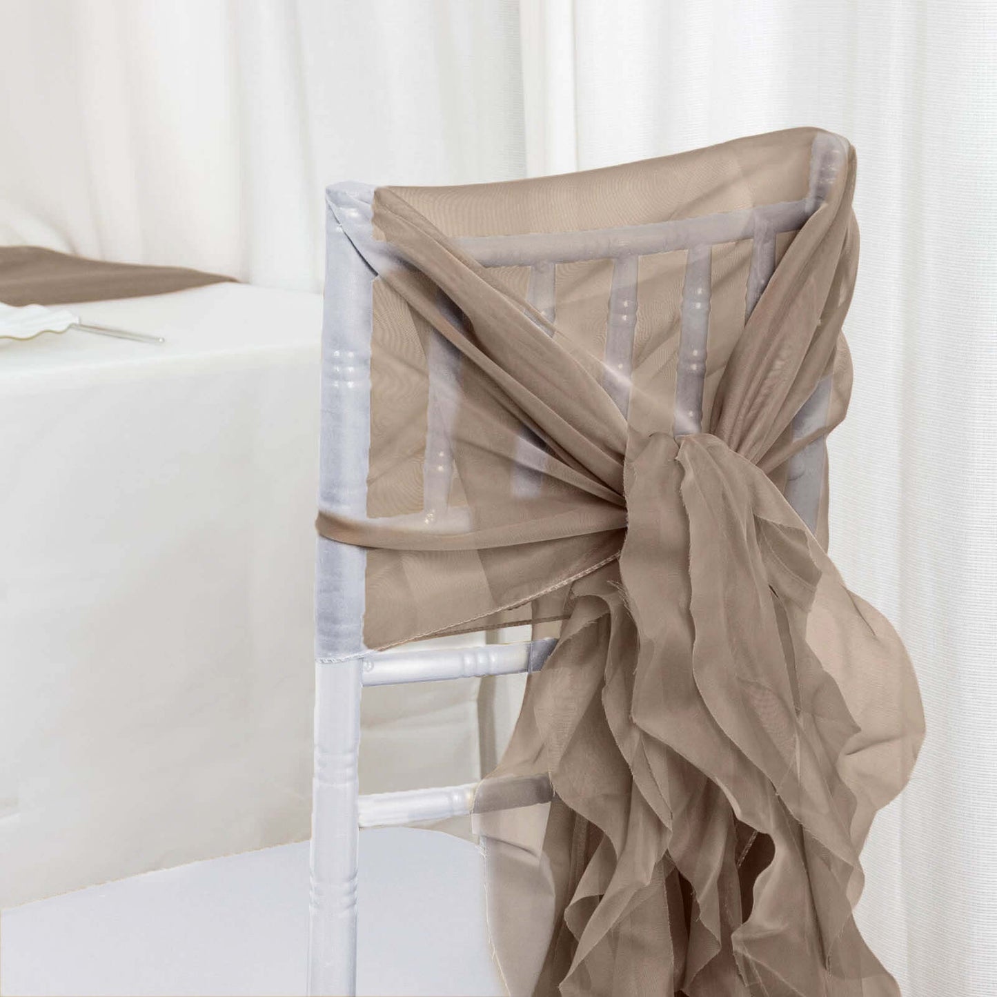 Chiffon Chair Sash with Curly Design Taupe - Stylish Chair Decorations