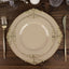 10-Pack Plastic 8" Round Dessert Plates in Taupe with Gold Leaf Embossed Rim - Disposable Vintage Baroque Style Salad Plates