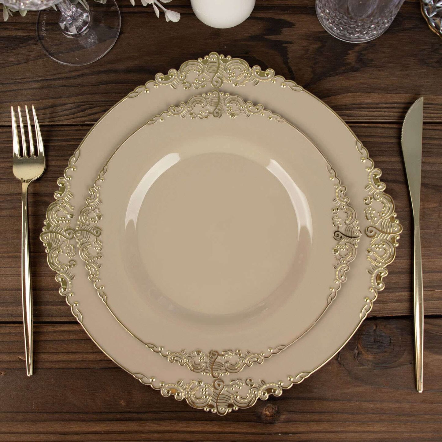 10-Pack Plastic 8" Round Dessert Plates in Taupe with Gold Leaf Embossed Rim - Disposable Vintage Baroque Style Salad Plates