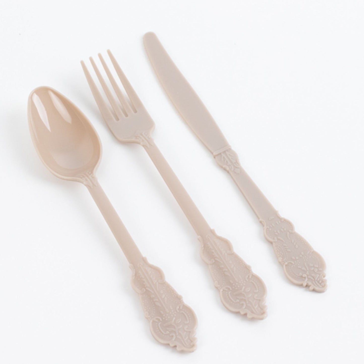 72 Pcs Plastic Silverware Set in Baroque Style Taupe - Heavy Duty Disposable Knife, Fork, and Spoon Set