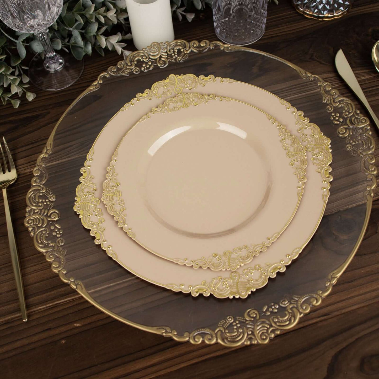 10-Pack Plastic 10" Round Dinner Plates in Taupe with Gold Leaf Embossed Rim - Disposable Vintage Baroque Style Plates