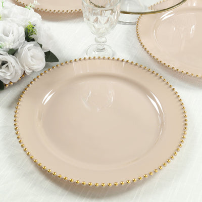 10-Pack Economy Round Plastic Charger Plates 13" in Taupe with Gold Beaded Rim, Stylish Dinner Party Serving Plates