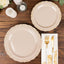 10-Pack Plastic 7" Round Dessert Plates in Taupe with Gold Vintage Embossed Rim - Sturdy Disposable Scalloped Edge Salad Plates