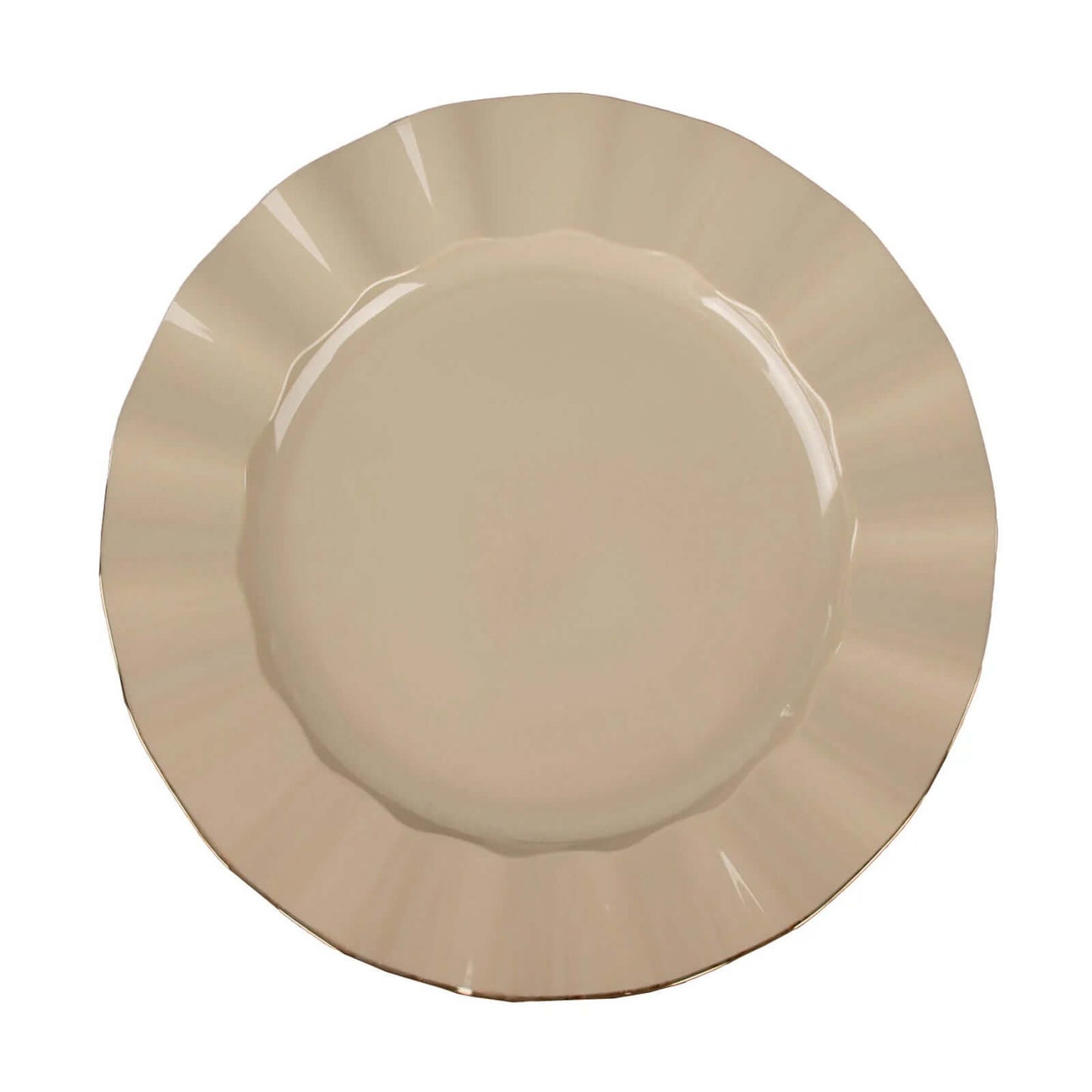 10-Pack Plastic 11" Round Dinner Plates in Taupe Ruffled Rim with Gold Edging - Sturdy Disposable Dinnerware