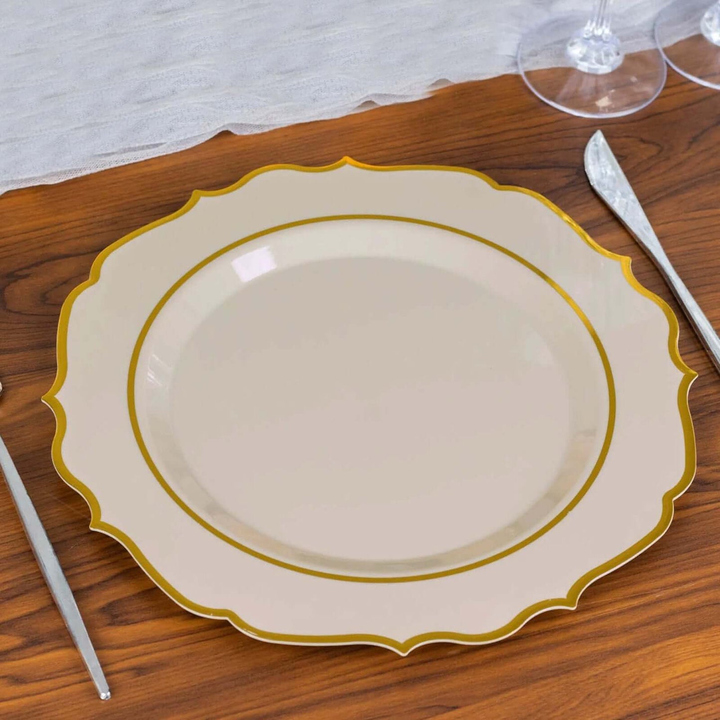 10-Pack Plastic 10" Round Dinner Plates in Taupe with Gold Scalloped Rim - Disposable Party Plates