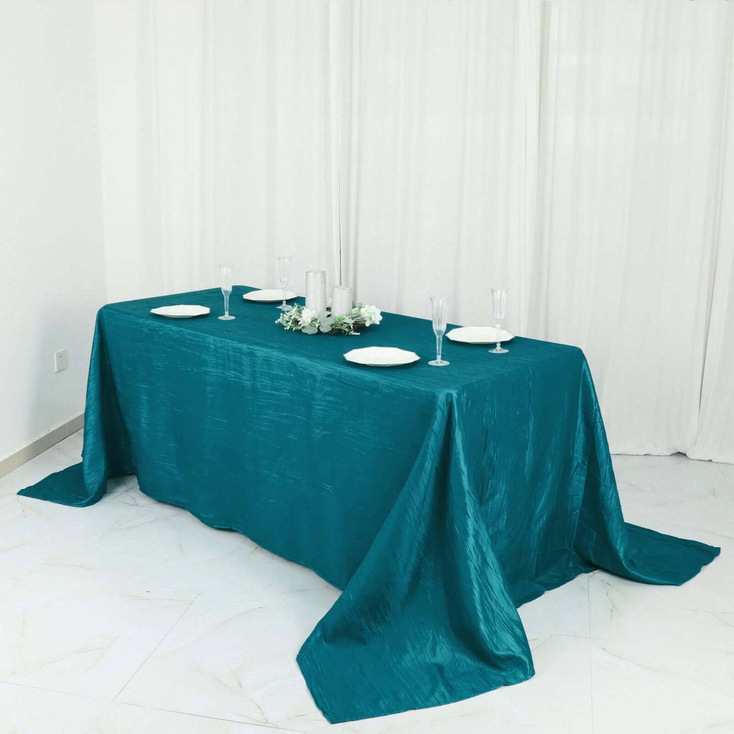 Taffeta 90"x132" Rectangle Tablecloth Teal - Seamless Accordion Crinkle Table Cover