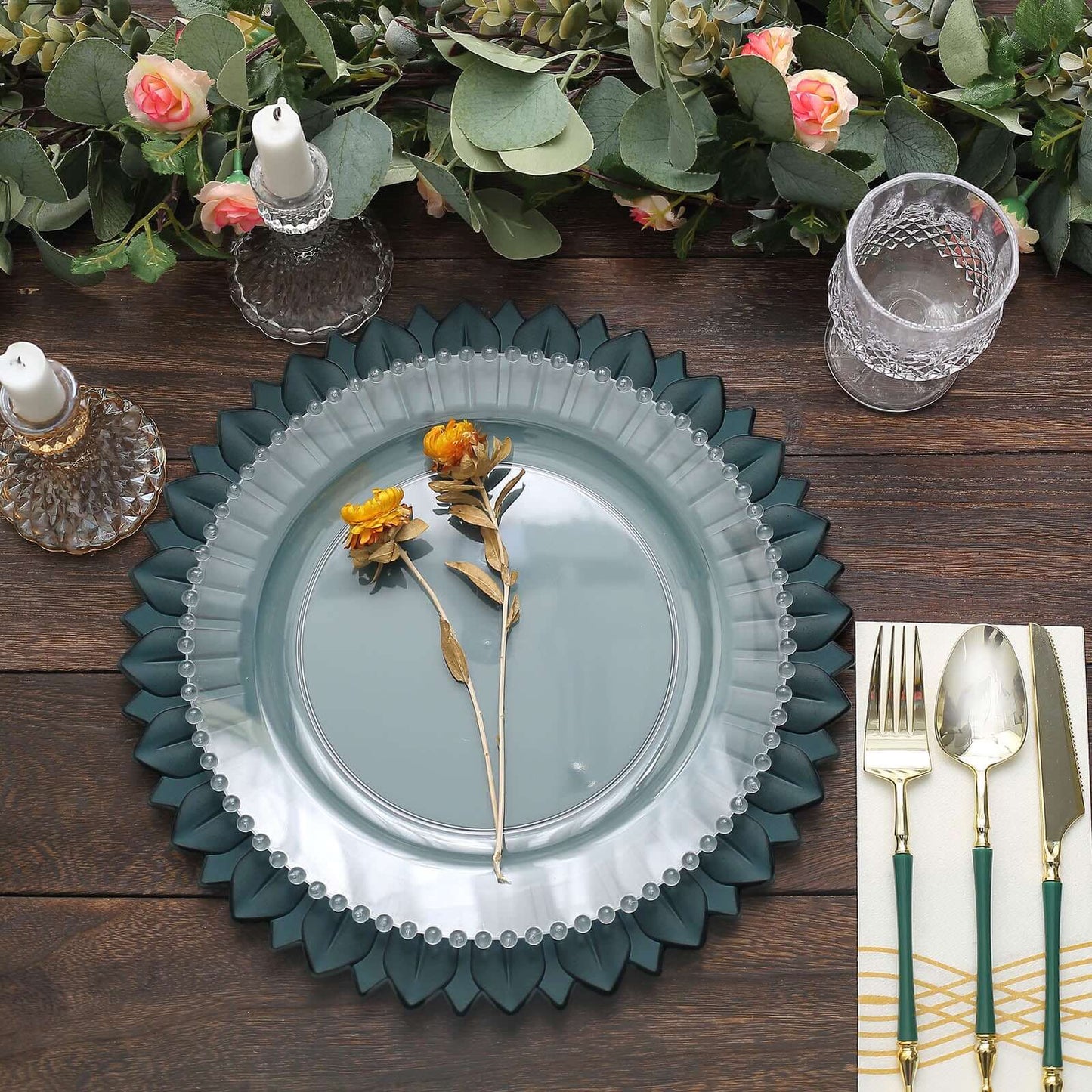 6-Pack Plastic Round Charger Plates 13" in Teal with Sunflower Rim, Matte Finish Disposable Dinner Charger Tableware