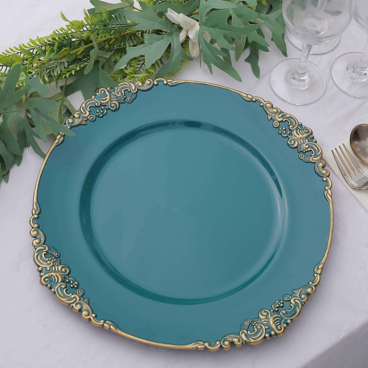 6-Pack Acrylic Round Charger Plates 13" in Peacock Teal with Gold Embossed Baroque Rim, Antique Decorative Dinner Party Charger Tableware