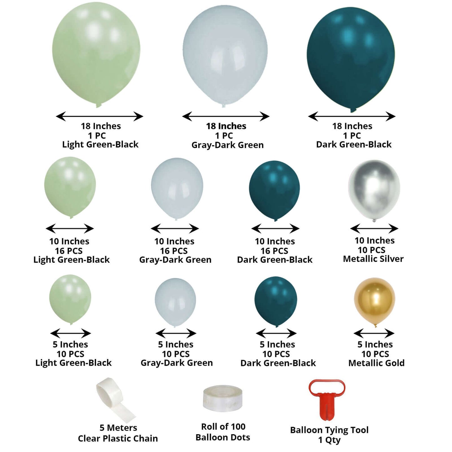 101 Pack Green, Gold and Silver DIY Balloon Garland Arch Party Kit, Double Layer Latex Balloons