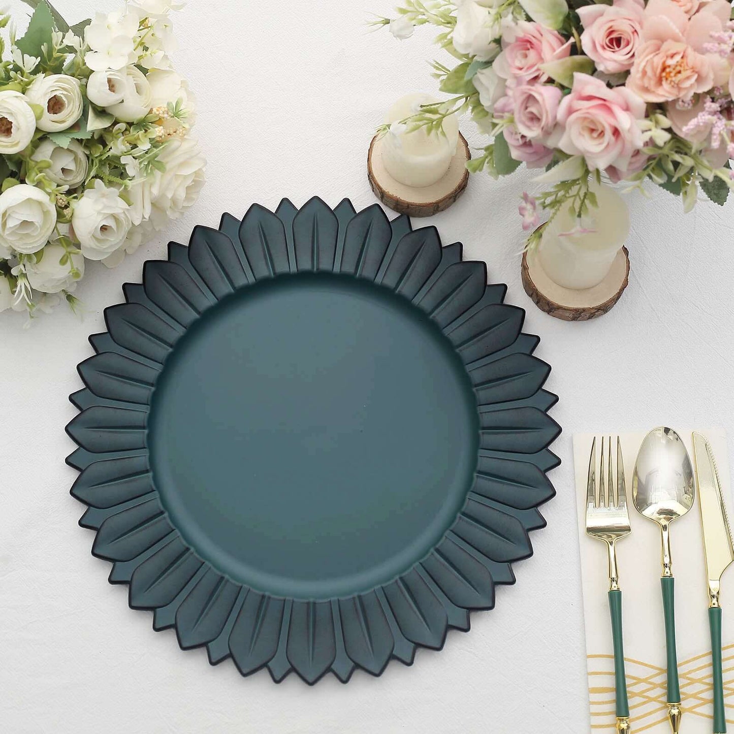 6-Pack Plastic Round Charger Plates 13" in Teal with Sunflower Rim, Matte Finish Disposable Dinner Charger Tableware