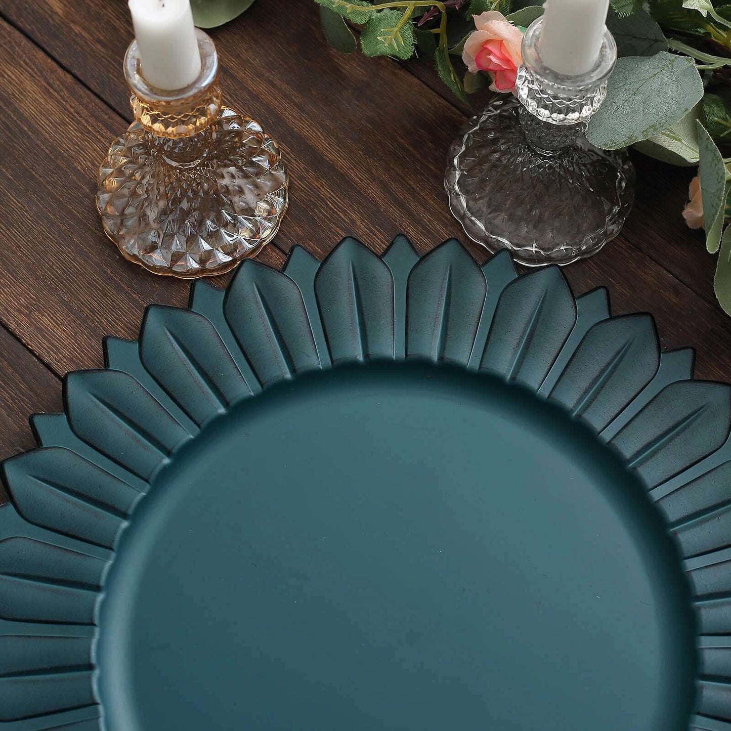 6-Pack Plastic Round Charger Plates 13" in Teal with Sunflower Rim, Matte Finish Disposable Dinner Charger Tableware