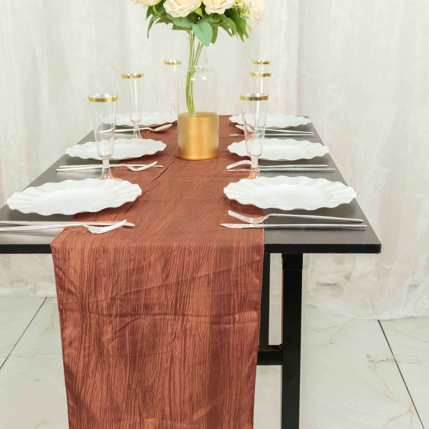 Taffeta 12"x108" Table Runner Terracotta (Rust) - Accordion Crinkle Design