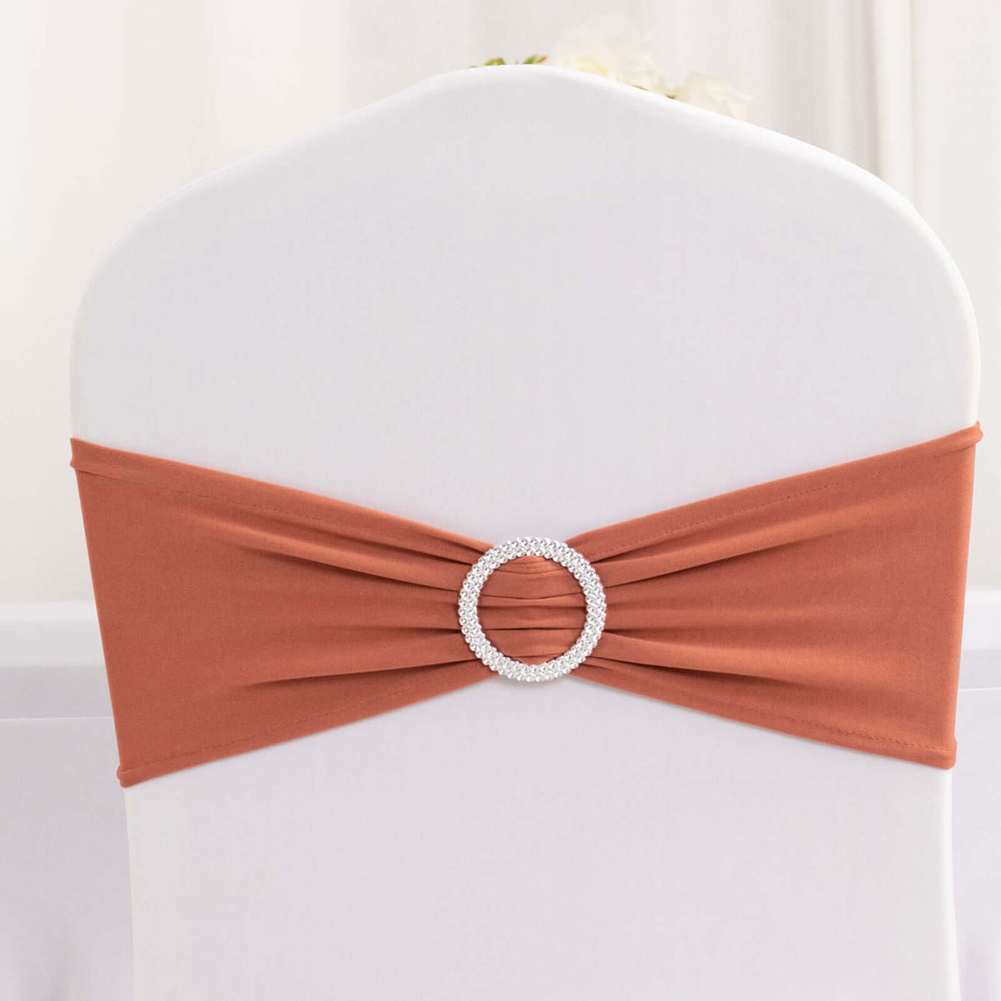 5 Pack Stretch Spandex Chair Sashes Terracotta (Rust) - Reusable Chair Bands with Silver Diamond Ring Slide Buckle 5"x14"