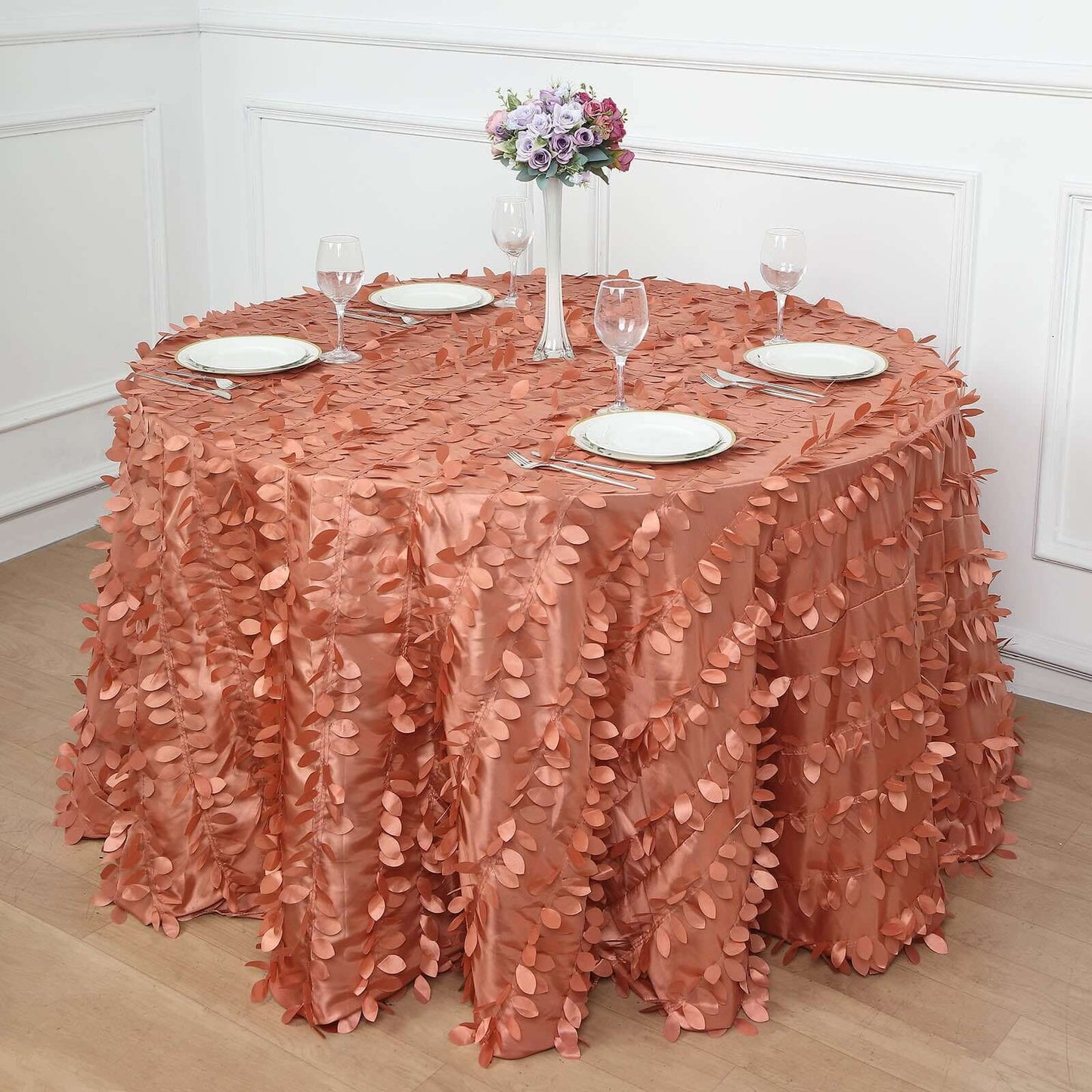 Taffeta 120" Round Tablecloth Terracotta (Rust) | 3D Leaf Petal Design Seamless Table Cover