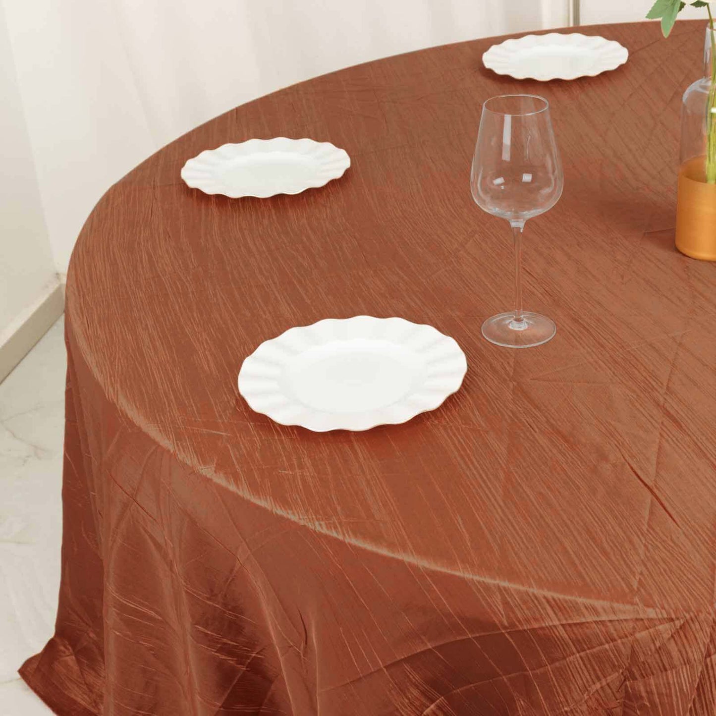 Taffeta 132" Round Tablecloth Terracotta (Rust) - Seamless Accordion Crinkle Table Cover