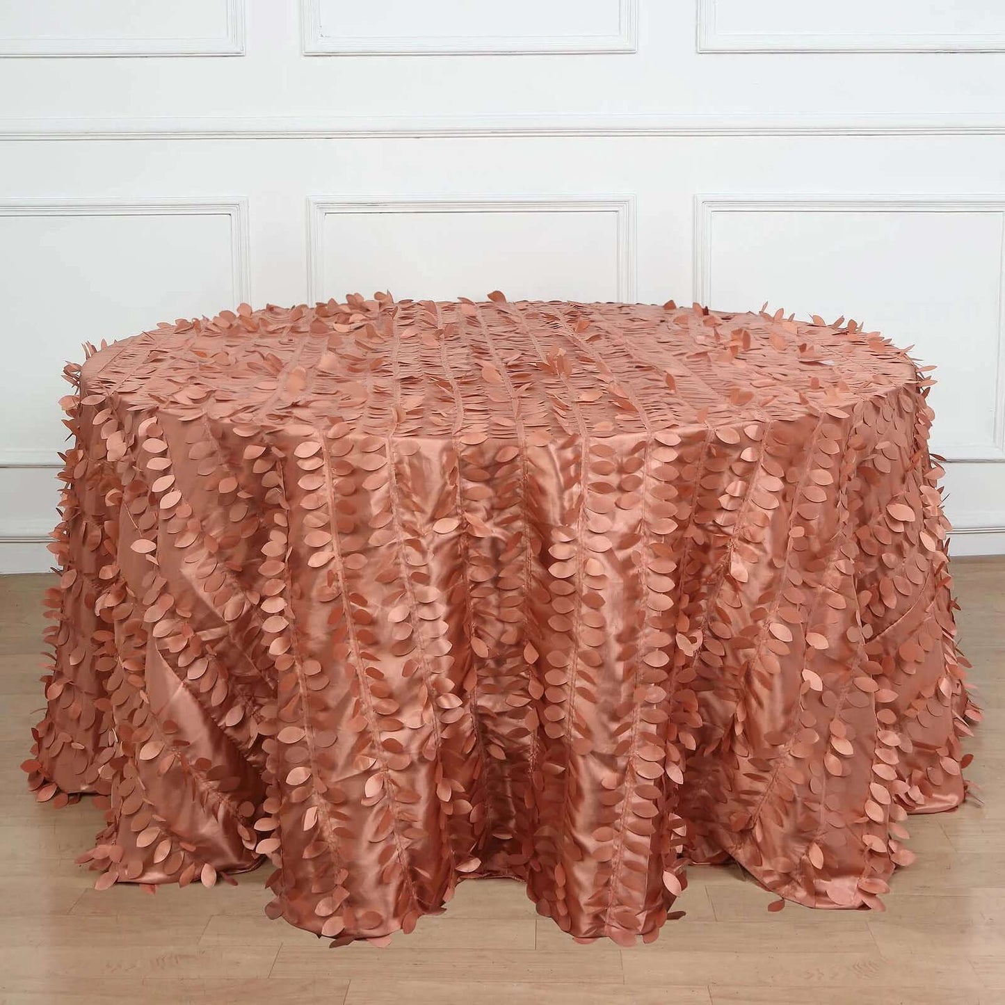 Taffeta 132" Round Tablecloth Terracotta (Rust) | 3D Leaf Petal Design Seamless Table Cover