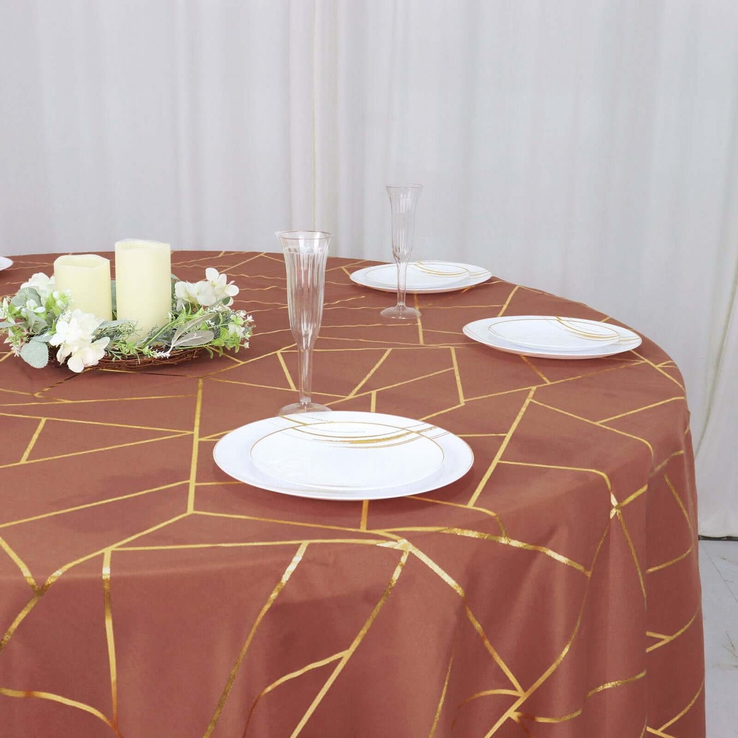 Polyester 120" Round Tablecloth Terracotta (Rust) with Gold Foil Geometric Pattern Wrinkle-Resistant Seamless Table Cover
