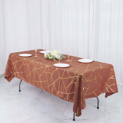 Polyester 60"x102" Rectangle Tablecloth Terracotta (Rust) with Gold Foil Geometric Pattern - Wrinkle-Resistant & Durable Table Cover