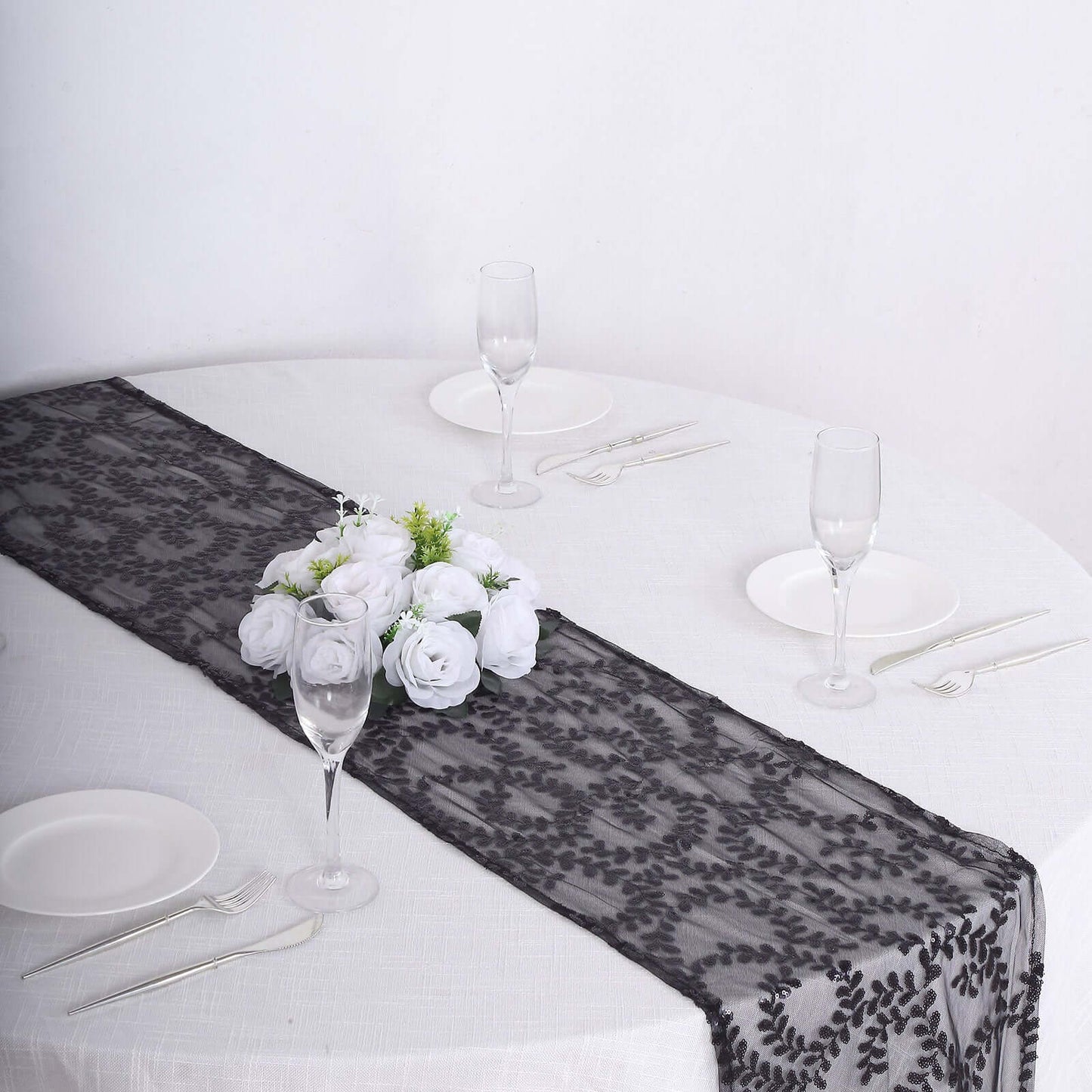 Mesh 12"x108" Table Runner Black - Leaf Vine Embroidery