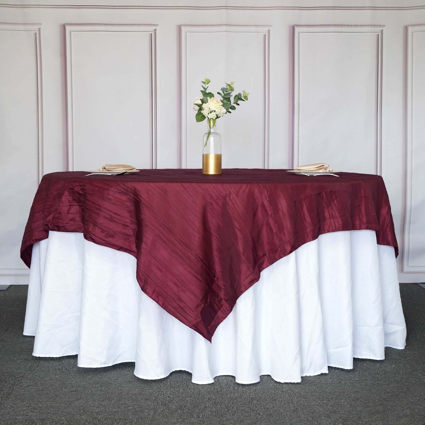 Taffeta 90"x90" Table Overlay Square Tablecloth Burgundy - Accordion Crinkle Table Cover