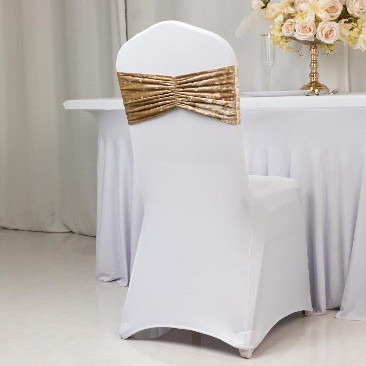 5 Pack Crushed Velvet Chair Bands Champagne Wide Ruffle Style - Textured Chair Sashes for Stunning Event Decor - 8"x15"