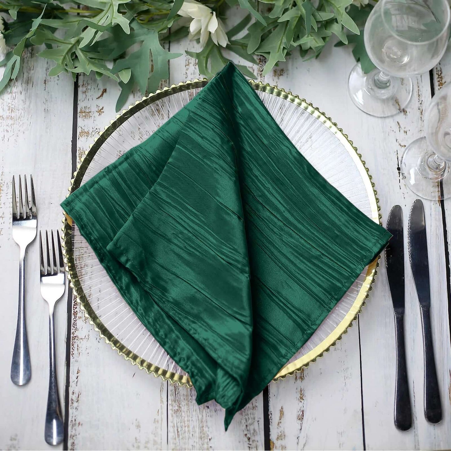 5 Pack Taffeta 20"x20" Napkins Hunter Emerald Green - Accordion Crinkle Dinner Napkins