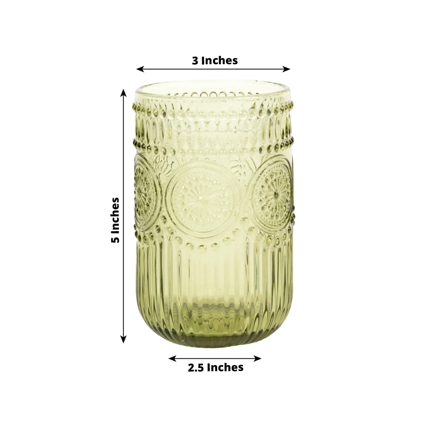 6-Pack Glass Tumblers Dusty Sage Green Vintage Embossed Design with Textured Floral Pattern - Highball Glasses for Drinks & Parties 14oz