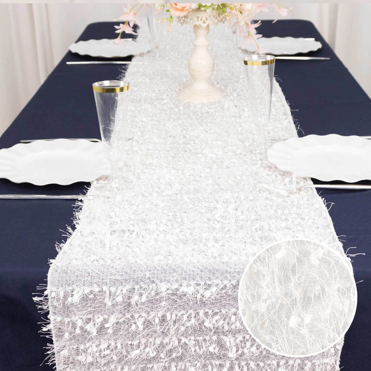 Polyester 12"x108" Table Runner White - Fringe Shag Table Decor