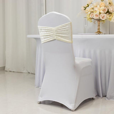 5 Pack Crushed Velvet Chair Bands Ivory Wide Ruffle Style - Textured Chair Sashes for Stunning Event Decor - 8"x15"
