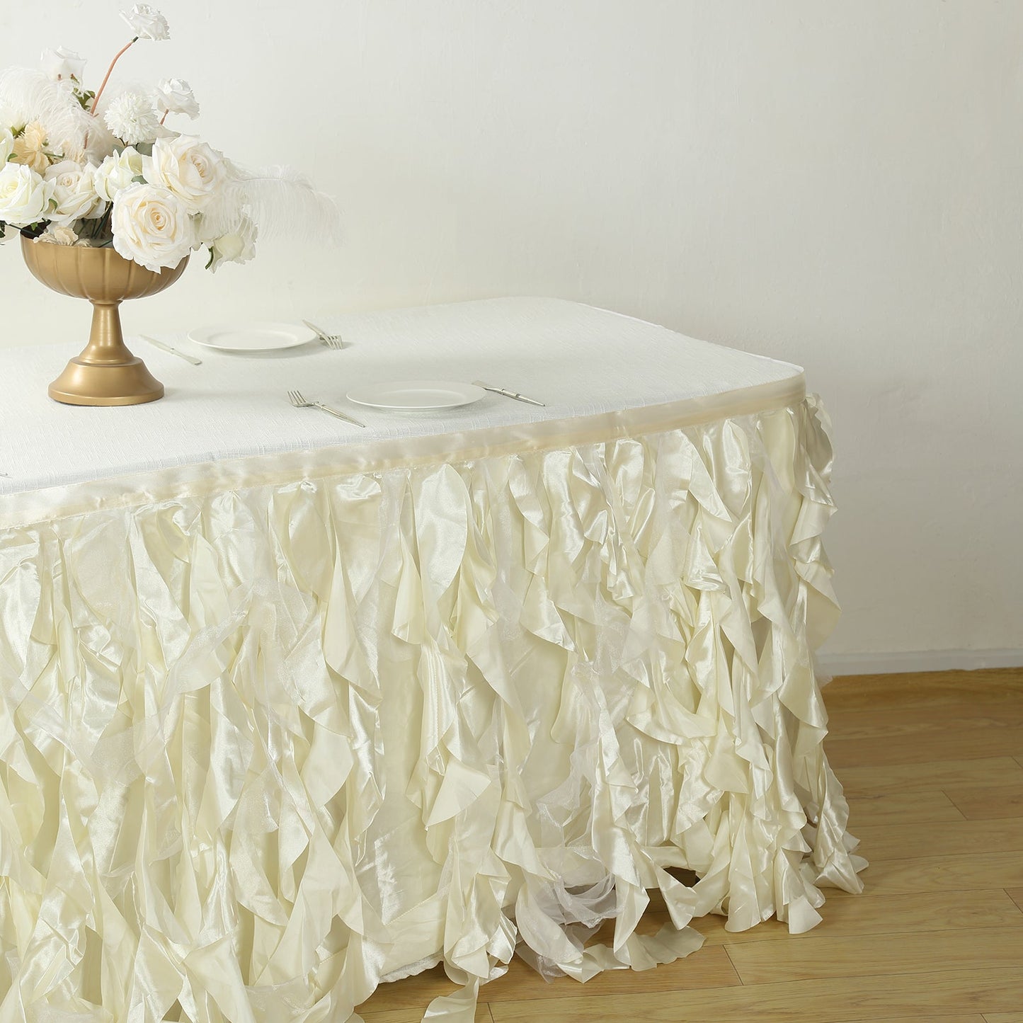 Taffeta 17ft Table Skirt Ivory - Cascading Curly Willow Style Table Cover