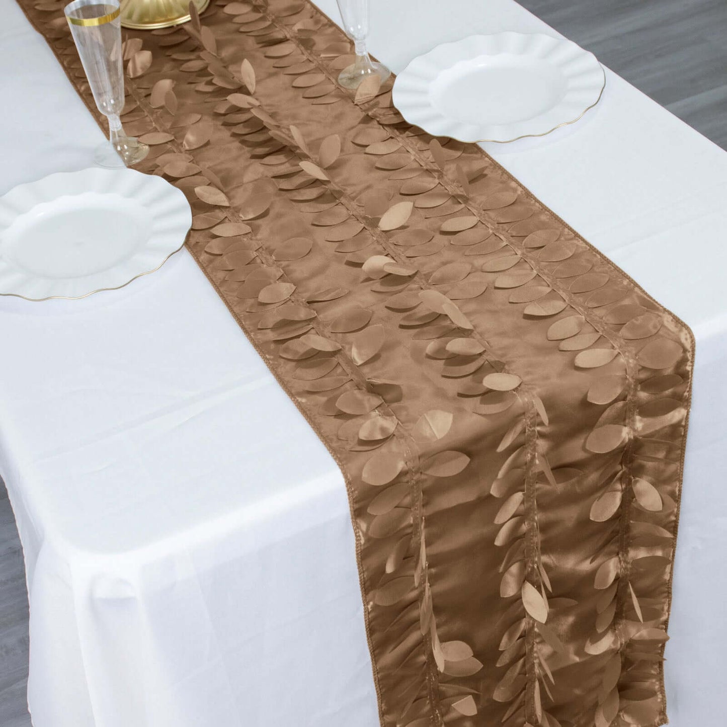 Taffeta Fabric 12"x108" Table Runner Taupe - 3D Leaf Petal Design