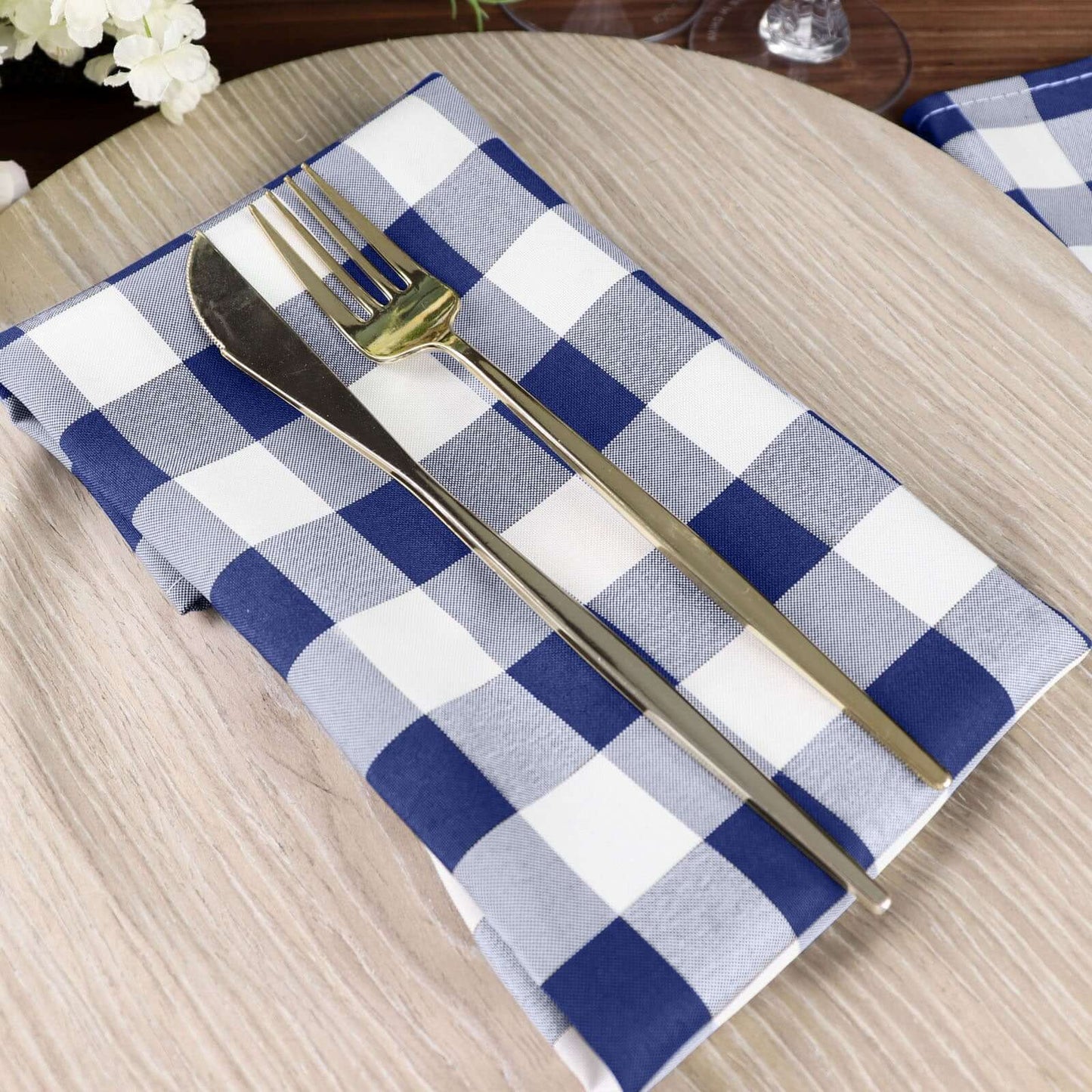 5 Pack Polyester 15"x15" Napkins Navy Blue/White Buffalo Plaid Gingham Style Cloth Napkins