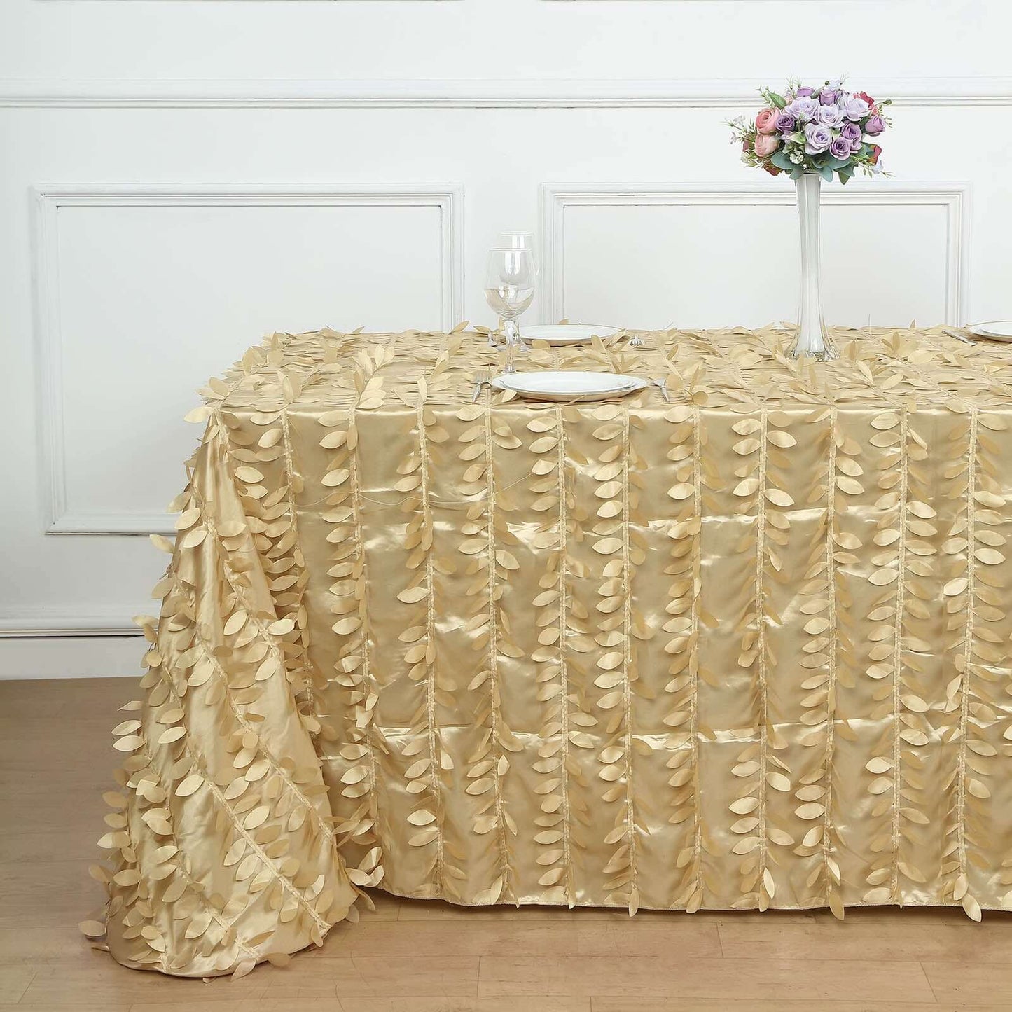 Taffeta 90"x132" Rectangle Tablecloth Champagne | 3D Leaf Petal Design Seamless Table Cover