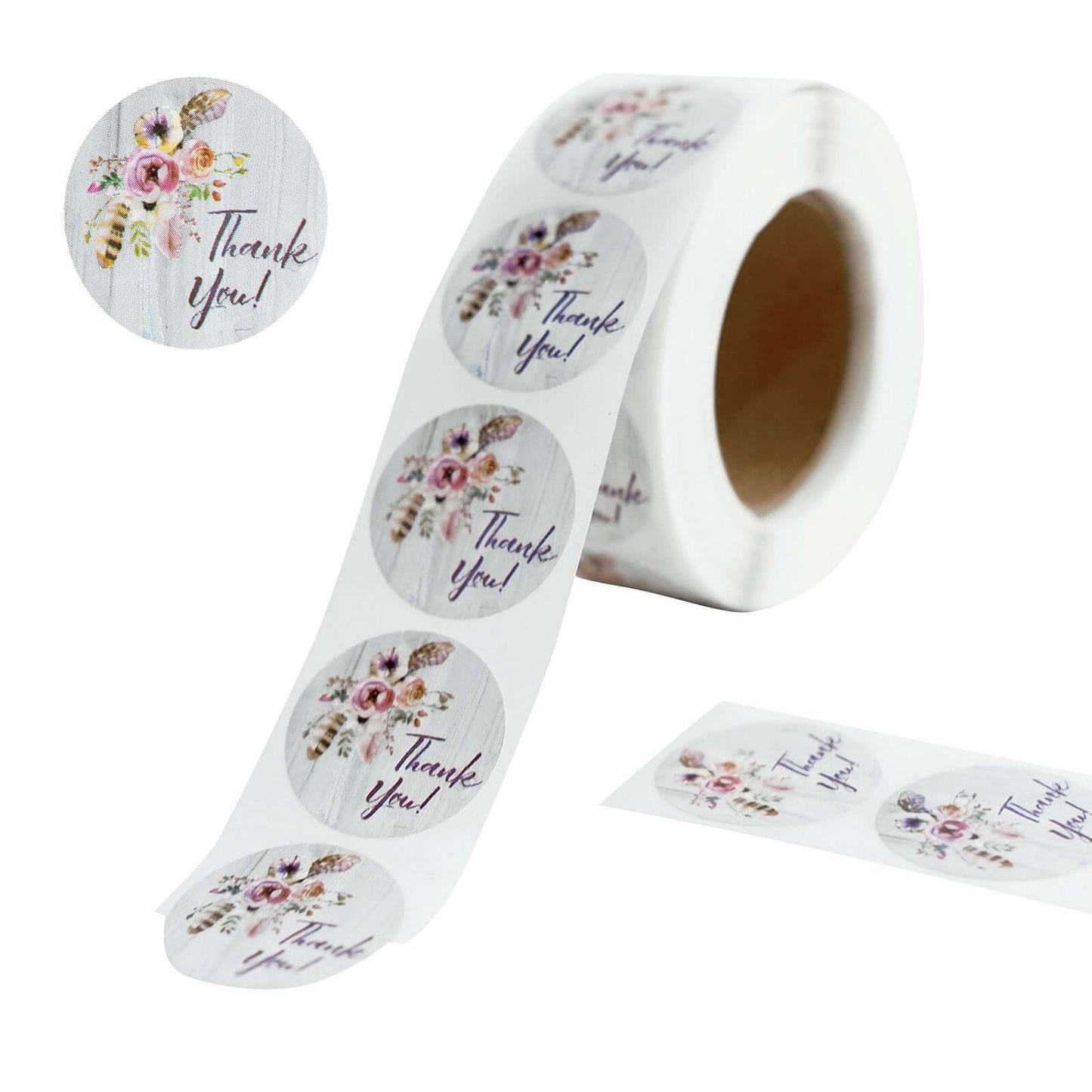 500Pcs 1" Thank You Rustic Floral Boho Chic Stickers Roll, Labels For DIY Envelope Seal - Round