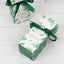 25 Pack White Green Leaf Print Satin Ribbon Candy Gift Boxes With Floral Top, Cardstock Paper Party Favor Boxes - 2"x5"