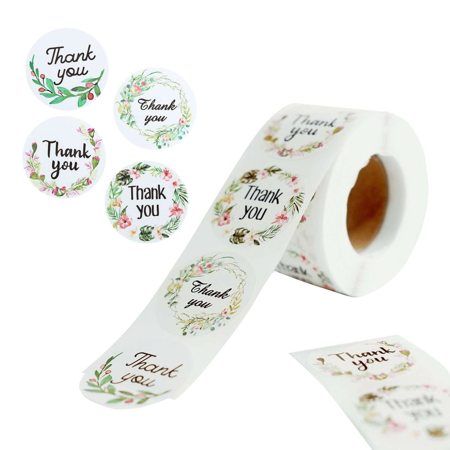 500Pcs 1.5" Thank You Black Print and Floral Design Stickers Roll, DIY Envelope Seal Labels - Round Assorted Designs