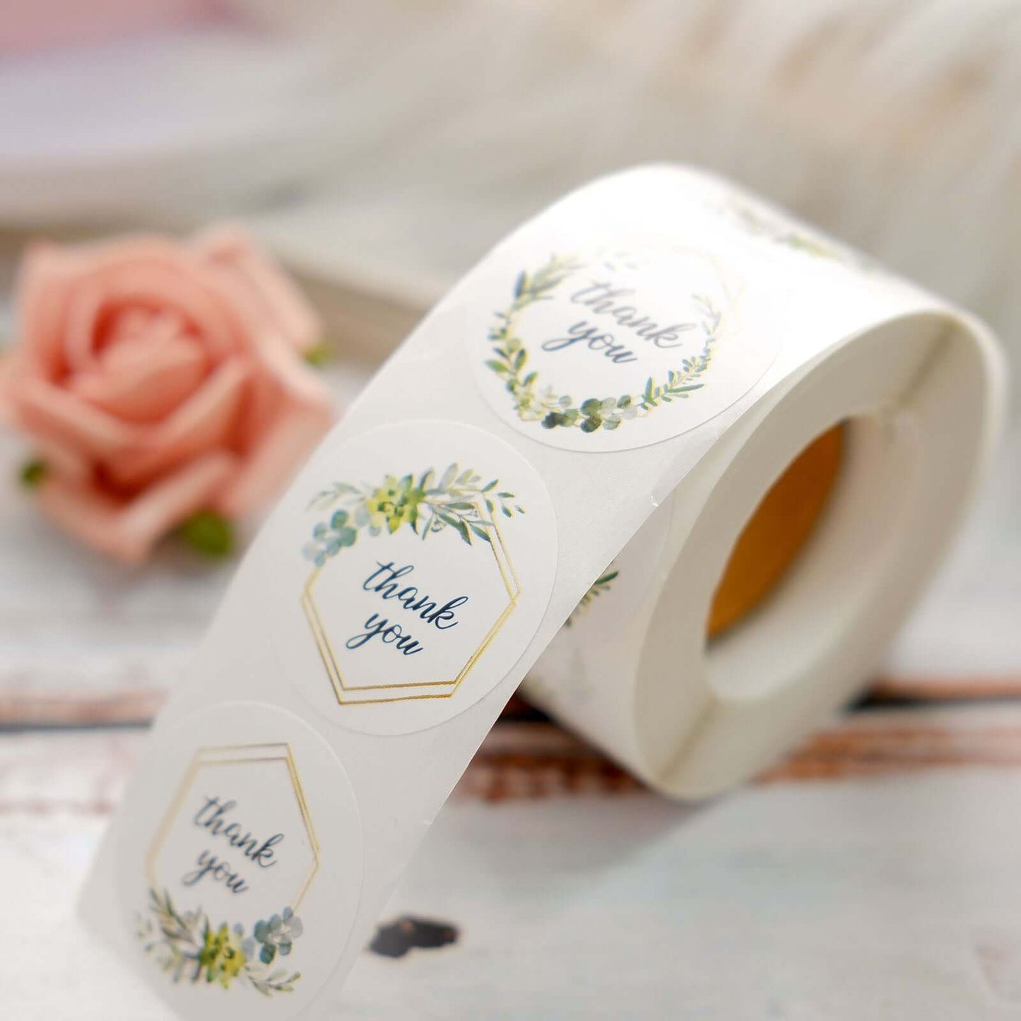 500Pcs 1.5" Thank You Gold and Green Leaf Frame Stickers Roll DÃ©cor, Labels and Seals For DIY Envelope - Round