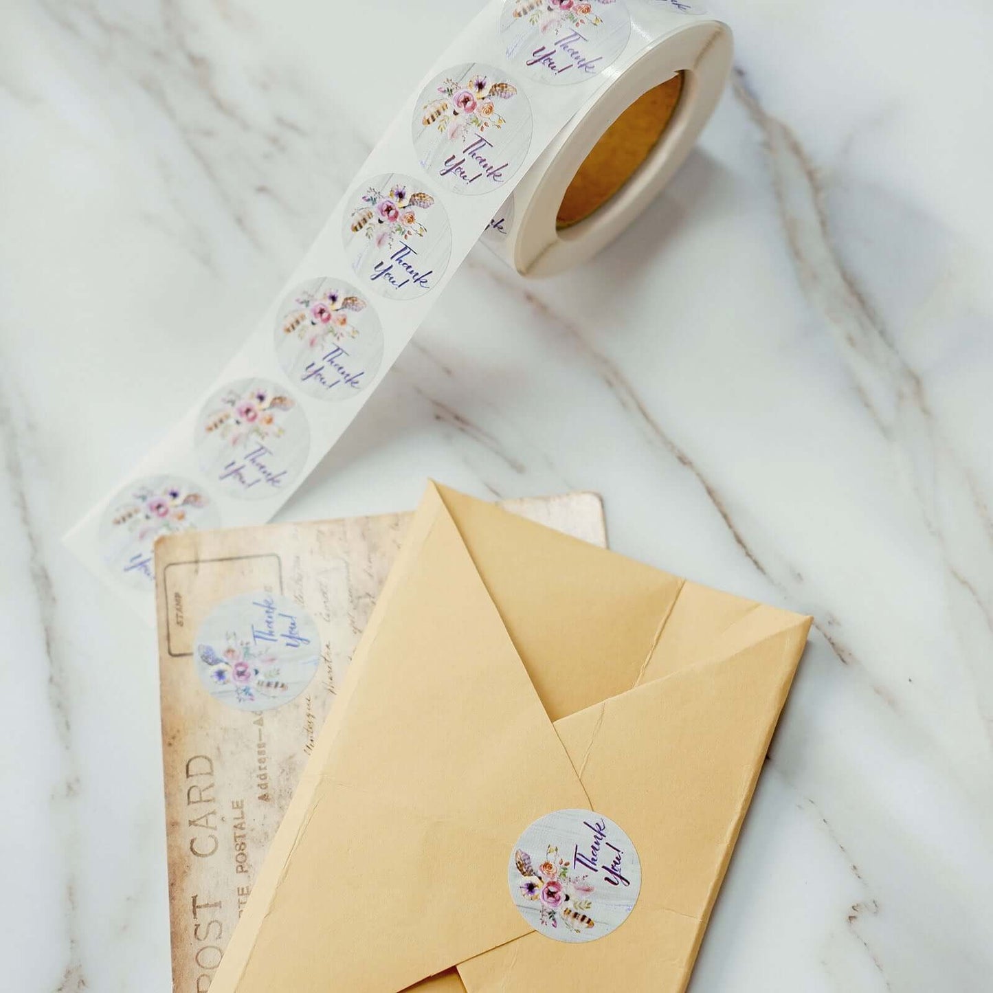 500Pcs 1" Thank You Rustic Floral Boho Chic Stickers Roll, Labels For DIY Envelope Seal - Round