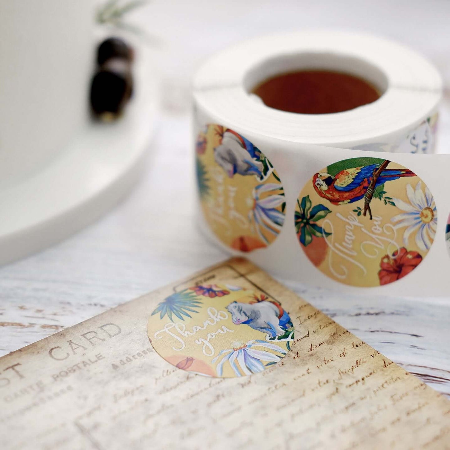 500Pcs 1.5" Thank You Tropical Colorful Floral Stickers Roll, Labels For DIY Envelope Seal - Round