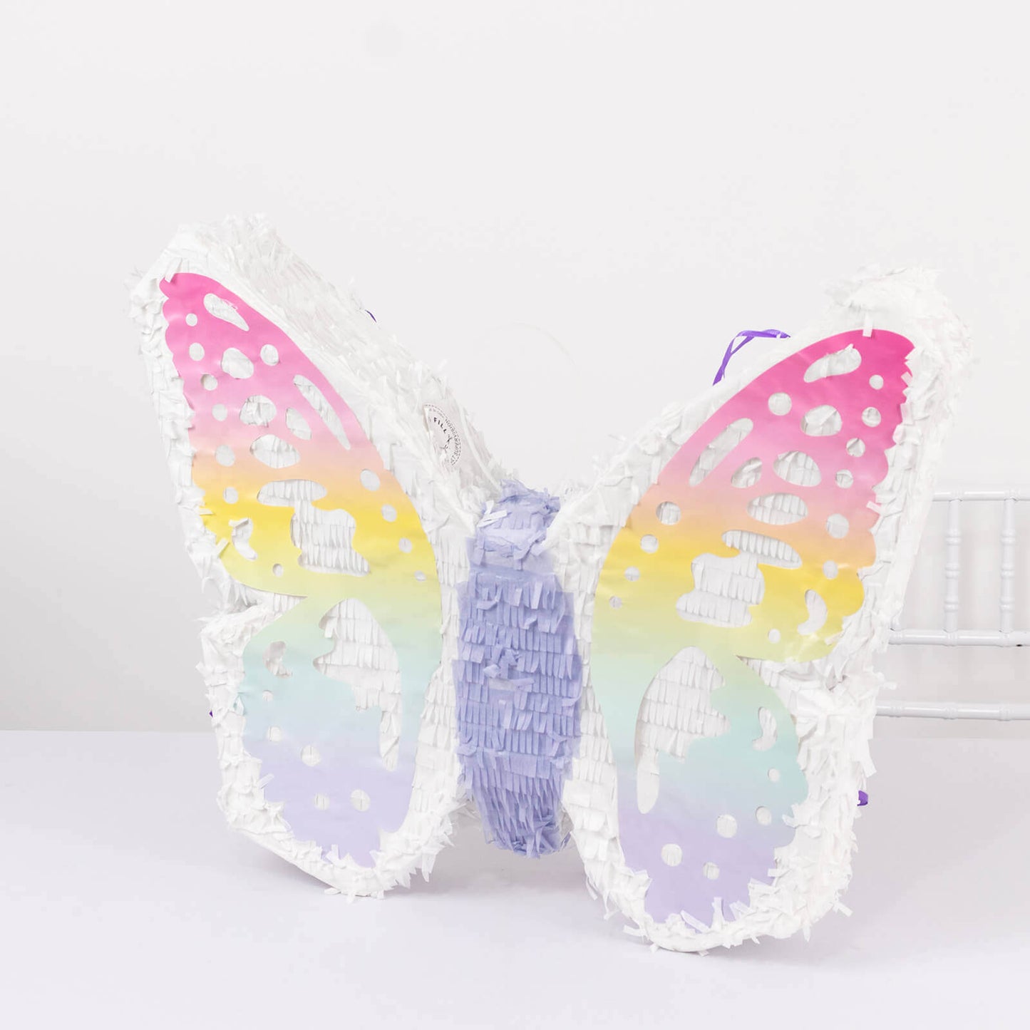 Expandable White Lilac Paper Butterfly Pinata Hanging Decor with Pastel Colored Wings, Fairy Themed Birthday Party Pinata - 23"x19"