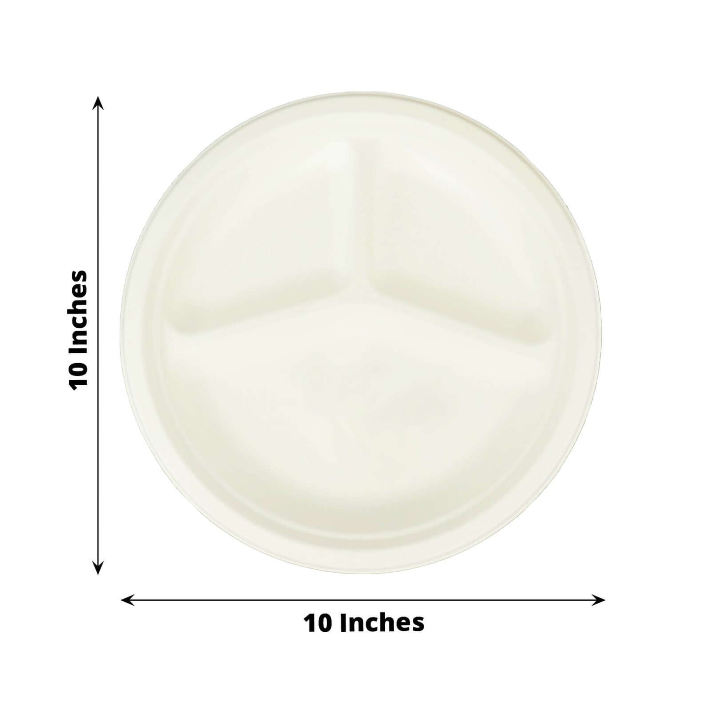 50-Pack Bagasse 10" Round Dinner Plates in White with 3-Compartments - Eco Friendly Biodegradable Sugarcane Divided Plates for Food Trucks Catering & Events
