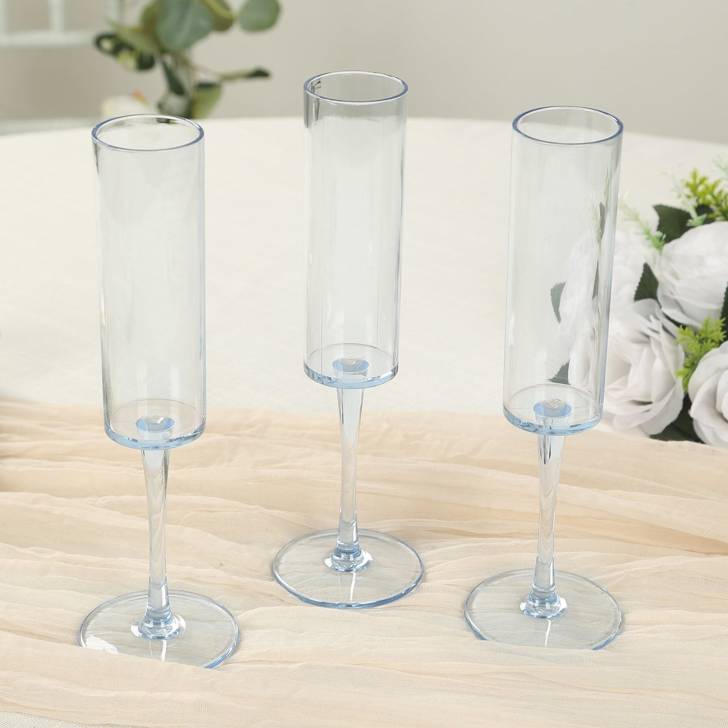 6-Pack Plastic Wine Mimosa Goblets Transparent Dusty Blue Cylindrical Shape - Reusable Champagne Flute Glasses 9.5" Tall 6oz