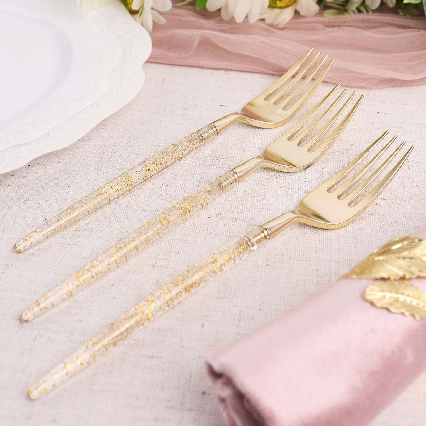 24-Pack Plastic Forks with Gold Glitter - Disposable Silverware Cutlery for Events