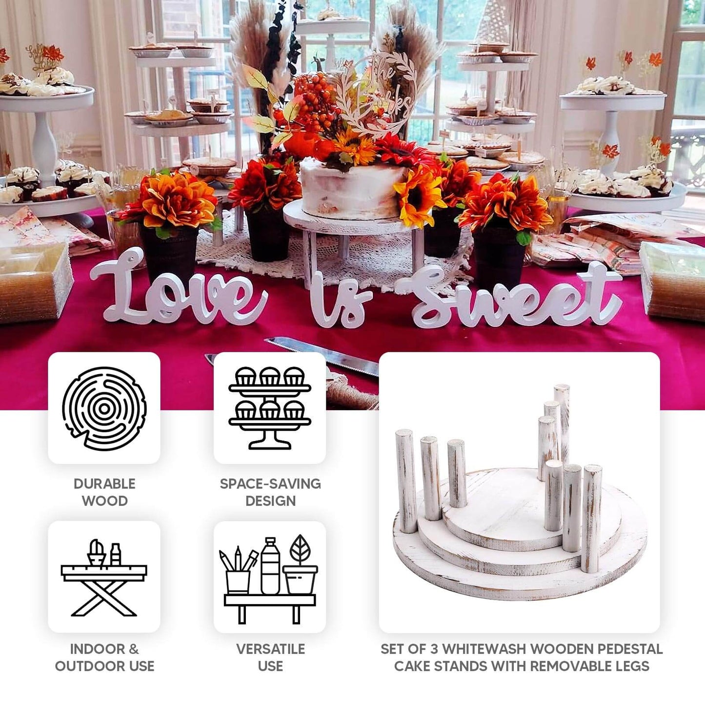 Set of 3 Wooden Pedestal Cake Stands Whitewash with Removable Legs - Stackable Round Rustic Plant Risers 7", 9.5", 12"