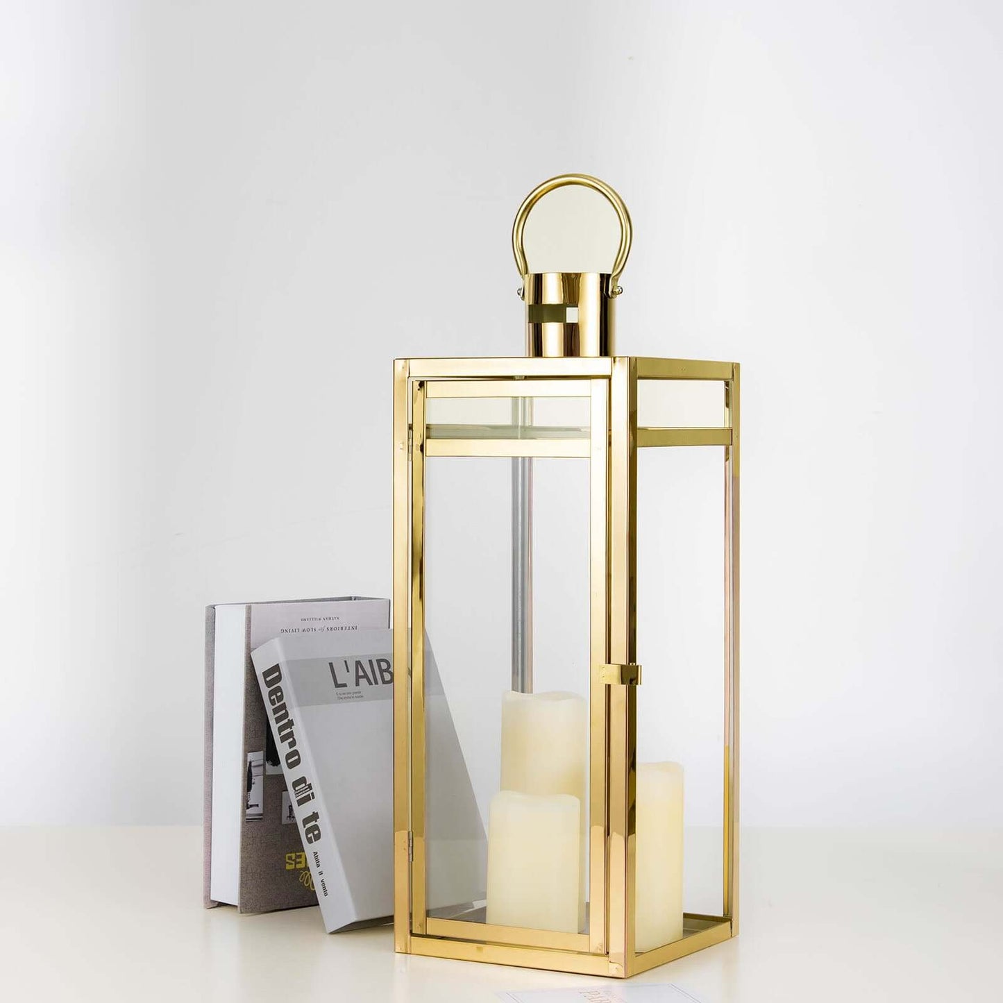 Stainless Steel Candle Lantern Vintage Top Design Gold - Outdoor Metal Patio Lantern Centerpiece 22"